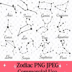 Può includere: Una collezione di dodici costellazioni zodiacali, ciascuna raffigurata con linee di collegamento e stelle, etichettate con i rispettivi nomi in corsivo. L'immagine include il testo "Zodiac PNG JPEG Commercial Use" in un banner rosa.