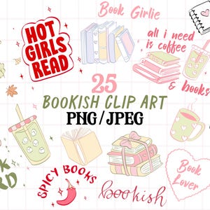 以下が含まれることがあります： PNGとJPEG形式の、25個のブッククリップアートのコレクション。イラストには、本の山、コーヒーカップ、「Hot Girls Read」や「Book Nerd」などのフレーズが、遊び心のあるスタイルで描かれています。