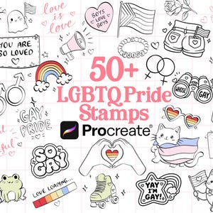 Op de afbeelding: Een digitale collectie van 50+ LGBTQ Pride-stempels voor Procreate met zwart-witte lijntekeningen van regenbogen, vlaggen, harten, katten, kikkers, rolschaatsen en tekst waaronder You Are So Loved, Gay Pride en Yay I'm Gay.