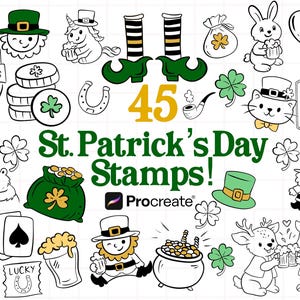 May include: A collection of 45 St. Patrick's Day stamps in black and white, with green accents. The illustrations include leprechauns, shamrocks, pots of gold, and other festive symbols. Text reads "St. Patrick's Day Stamps!"