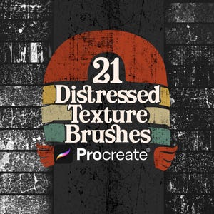 May include: A digital art graphic featuring the text "21 Distressed Texture Brushes" in white, set against a distressed orange, yellow, and teal background. The Procreate logo is visible. The image showcases various texture samples.