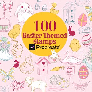 May include: A collection of 100 Easter-themed stamps for Procreate, featuring hand-drawn illustrations of bunnies, chicks, eggs, butterflies, and other spring elements. The design is in a soft pastel color palette with the words "Happy Easter" and "Egg Hunt".