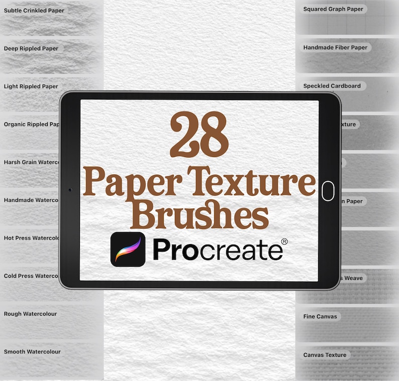 May include: A black tablet displaying the brown text 28 Paper Texture Brushes and the Procreate logo. The background features a list of various paper textures including Subtle Crinkled Paper, Deep Rippled Paper, and Squared Graph Paper.