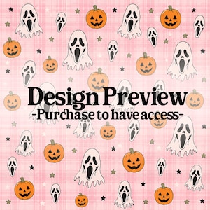 May include: A repeating pattern on a light pink plaid background featuring orange jack-o'-lanterns, white ghosts with open mouths, and small black stars. The text "Design Preview -Purchase to have access-" is centered in black over the pattern.