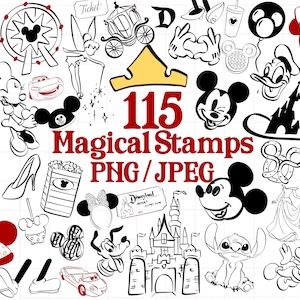 May include: A collection of 115 black and white Disney-themed stamps, including Mickey Mouse, Minnie Mouse, Donald Duck, Cinderella, and other iconic characters and elements. The text "115 Magical Stamps PNG/JPEG" is displayed in red.