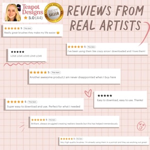 May include: A digital graphic featuring the text REVIEWS FROM REAL ARTISTS and the Teapot Designs logo with a 5.0 rating. It displays seven customer reviews with five-star ratings and written feedback on a light pink grid background.