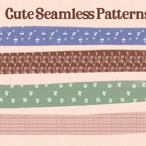 May include: An image showcasing various "Cute Seamless Patterns" in a soft, pastel color palette. The patterns include cherries, floral designs, and geometric shapes, presented in horizontal bands against a light pink background.