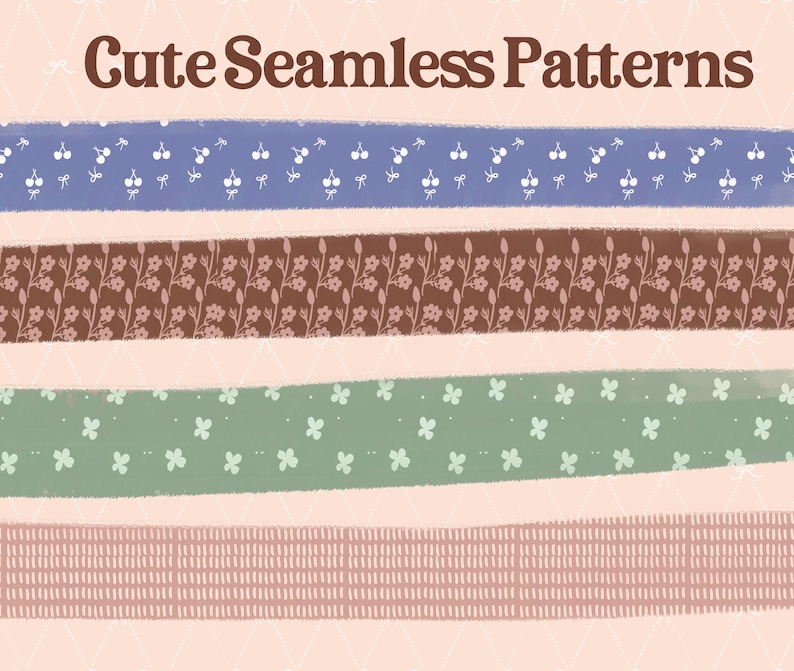 May include: An image showcasing various "Cute Seamless Patterns" in a soft, pastel color palette. The patterns include cherries, floral designs, and geometric shapes, presented in horizontal bands against a light pink background.