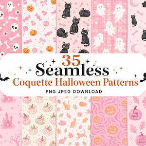 Peut inclure: Une collection numérique de 35 motifs d'Halloween sans couture sur fond rose et blanc, illustrant des chats noirs, des fantômes blancs, des citrouilles orange, des crânes, des os, des bonbons et des nœuds, avec le texte 35 Seamless Coquette Halloween Patterns.