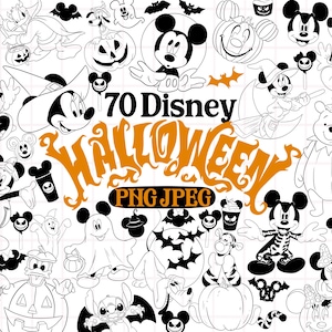 May include: A collection of 70 black and white Disney Halloween character illustrations featuring Mickey Mouse, Minnie Mouse, and other figures in costumes, pumpkins, and bats, with the orange text 70 Disney HALLOWEEN PNG JPEG.