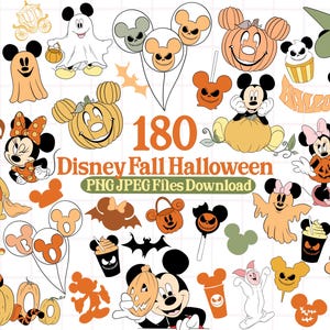 May include: A digital collection of 180 Disney-themed Halloween illustrations featuring Mickey and Minnie Mouse, Winnie the Pooh, and Tigger in costumes, with pumpkins, ghosts, bats, and balloons in orange, black, and white color palettes.