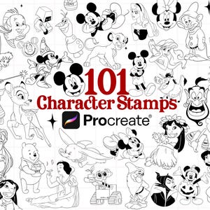 Könnte beinhalten: Eine digitale Sammlung von 101 Charakter-Stempeln für Procreate mit verschiedenen schwarz-weißen Strichzeichnungen animierter Figuren, darunter Mickey Mouse, Winnie Puuh und andere ikonische Charaktere auf einem Rasterhintergrund.