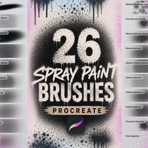 Pode incluir: Uma coleção digital de 26 pincéis de tinta spray para Procreate, com um gráfico central pintado com spray preto com o texto 26 SPRAY PAINT BRUSHES PROCREATE. A imagem exibe várias amostras de traços em preto sobre um fundo claro.