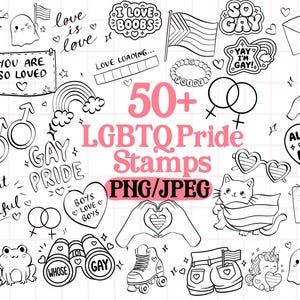 Może przedstawiać: Kolekcja czarno-białych cyfrowych pieczątek z motywami dumy LGBTQ, zawierająca serca, tęcze, flagi, koty, żaby oraz tekst, taki jak 50+ LGBTQ Pride Stamps PNG/JPEG, You Are So Loved i All Love Is Equal.