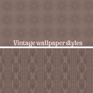 May include: A digital image presenting two vintage wallpaper designs. The upper section displays a repeating pattern of circular floral motifs in a muted brown colour. The lower section shows a vertical striped pattern with ornate floral designs, also in brown. The text "Vintage wallpaper styles" is centered.