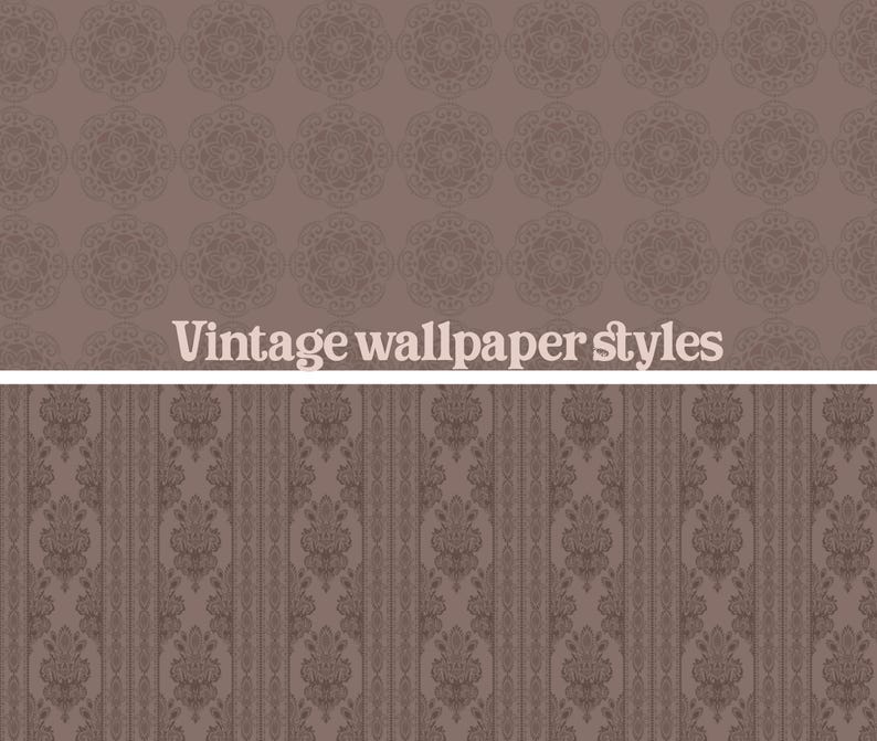 May include: A digital image presenting two vintage wallpaper designs. The upper section displays a repeating pattern of circular floral motifs in a muted brown colour. The lower section shows a vertical striped pattern with ornate floral designs, also in brown. The text "Vintage wallpaper styles" is centered.