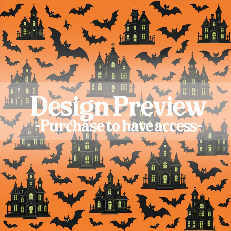 May include: A repeating pattern on an orange background featuring black silhouettes of flying bats and dark gray haunted houses with glowing green windows. The image contains the white text Design Preview -Purchase to have access-.