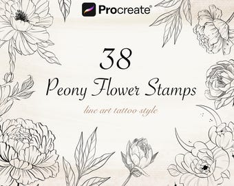 Peony Procreate Design Stamps! Floral Stamps, Floral Tattoos, fine line flower, instant download