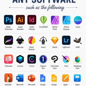 May include: A graphic display with the text CAN BE USED ON ANY SOFTWARE such as the following, featuring a grid of icons for various design and office applications including Adobe Photoshop, Illustrator, InDesign, Canva, Procreate, and Microsoft Office.