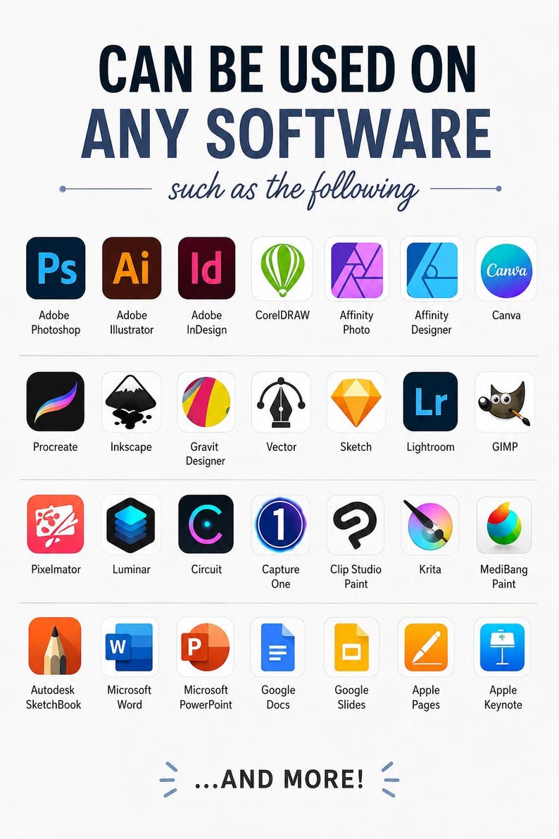 May include: A graphic display with the text CAN BE USED ON ANY SOFTWARE such as the following, featuring a grid of icons for various design and office applications including Adobe Photoshop, Illustrator, InDesign, Canva, Procreate, and Microsoft Office.
