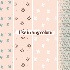 May include: A collection of four patterned designs. The patterns include blue flowers, brown flowers, white flowers, and a teal wavy line design. The text "Use in any colour" is in the center of the image. The background is a light peach color.