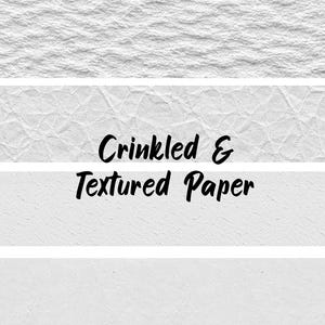 May include: A collection of white paper samples featuring various surface finishes, including rough, crinkled, and fine-grained textures. The text Crinkled & Textured Paper is printed in black across the center of the image over the horizontal strips.