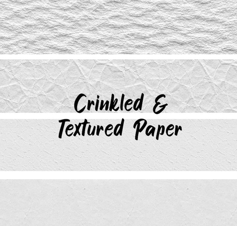 May include: A collection of white paper samples featuring various surface finishes, including rough, crinkled, and fine-grained textures. The text Crinkled & Textured Paper is printed in black across the center of the image over the horizontal strips.