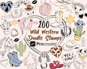 Western Wild West Procreate Stamp Doodles! Bundle Cowgirl, Cowboy Horses, Ropes, Cactus Western, Hand Drawn Clip Art (commercial use)