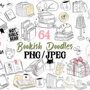 May include: A collection of 64 hand-drawn bookish doodles in black and white, including books, cats, coffee cups, and the text "Bookish Doodles". Other text includes "Spicy Books", "Book Nerd", and "Hot Girls Read".