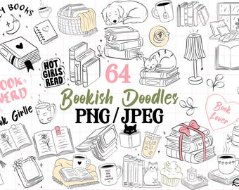 Bookish Clip Art Hand Drawn PNG JPEG Files Doodles!  Book Themed Art ! Doodle Sketching Style Reading (Commercial Licence)