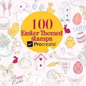 以下が含まれることがあります： Procreate 用のイースターをテーマにした 100 個のスタンプのイラスト。ウサギ、ヒヨコ、卵、蝶などが含まれています。デザインには、明るいピンク色の背景に「Happy Easter」と「Egg Hunt」の文字が含まれています。