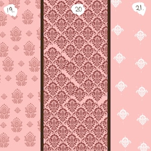 May include: Three fabric swatches with repeating patterns. The first swatch is light pink with a repeating floral design in a darker pink. The second swatch is a dark brown floral pattern on a pink background. The third swatch is light pink with a white floral design.