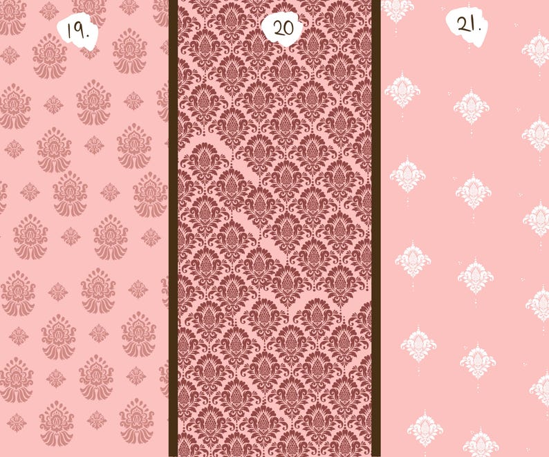 May include: Three fabric swatches with repeating patterns. The first swatch is light pink with a repeating floral design in a darker pink. The second swatch is a dark brown floral pattern on a pink background. The third swatch is light pink with a white floral design.
