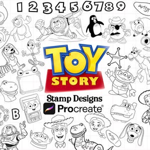 May include: A digital collection of black and white line art illustrations featuring Toy Story characters, numbers 1 through 9, letters A, B, and C, and the Toy Story logo in blue and yellow. The text Stamp Designs Procreate is included.