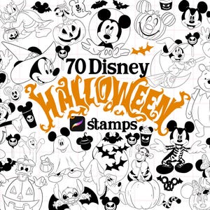 May include: A collection of 70 black and white Disney Halloween stamps featuring various characters like Mickey Mouse, Minnie Mouse, and Winnie the Pooh in costumes, with the text 70 Disney HALLOWEEN stamps and a Procreate icon in the center.