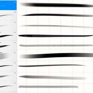 May include: A digital art interface displaying various charcoal stroke styles. The image shows a blue header labeled "Charcoal Stroke" and examples of different brush strokes, including Sharp Point Pencil and Blunt Sketch, in shades of gray and black.