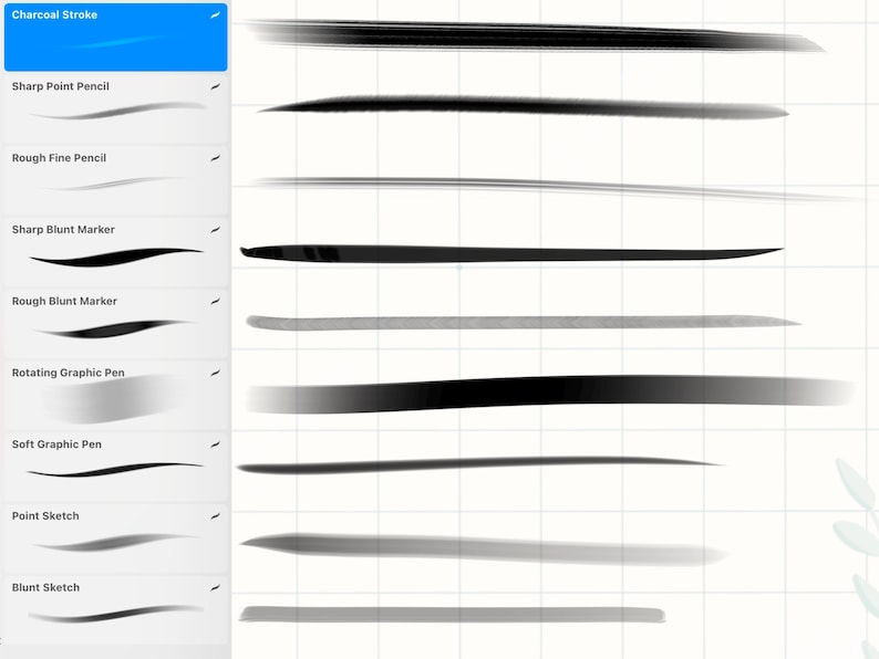 May include: A digital art interface displaying various charcoal stroke styles. The image shows a blue header labeled "Charcoal Stroke" and examples of different brush strokes, including Sharp Point Pencil and Blunt Sketch, in shades of gray and black.