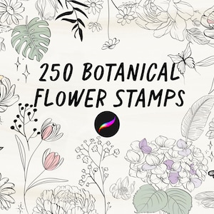May include: An illustration featuring various botanical flower stamps. The text "250 BOTANICAL FLOWER STAMPS" is prominently displayed. The image includes detailed line drawings of flowers, leaves, and butterflies, with touches of color.