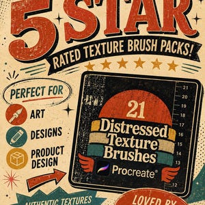 May include: A digital graphic advertisement for 21 Distressed Texture Brushes for Procreate. The design features a vintage aesthetic with red, teal, and cream colors, displaying text including Try My Other 5 Star Rated Texture Brush Packs.