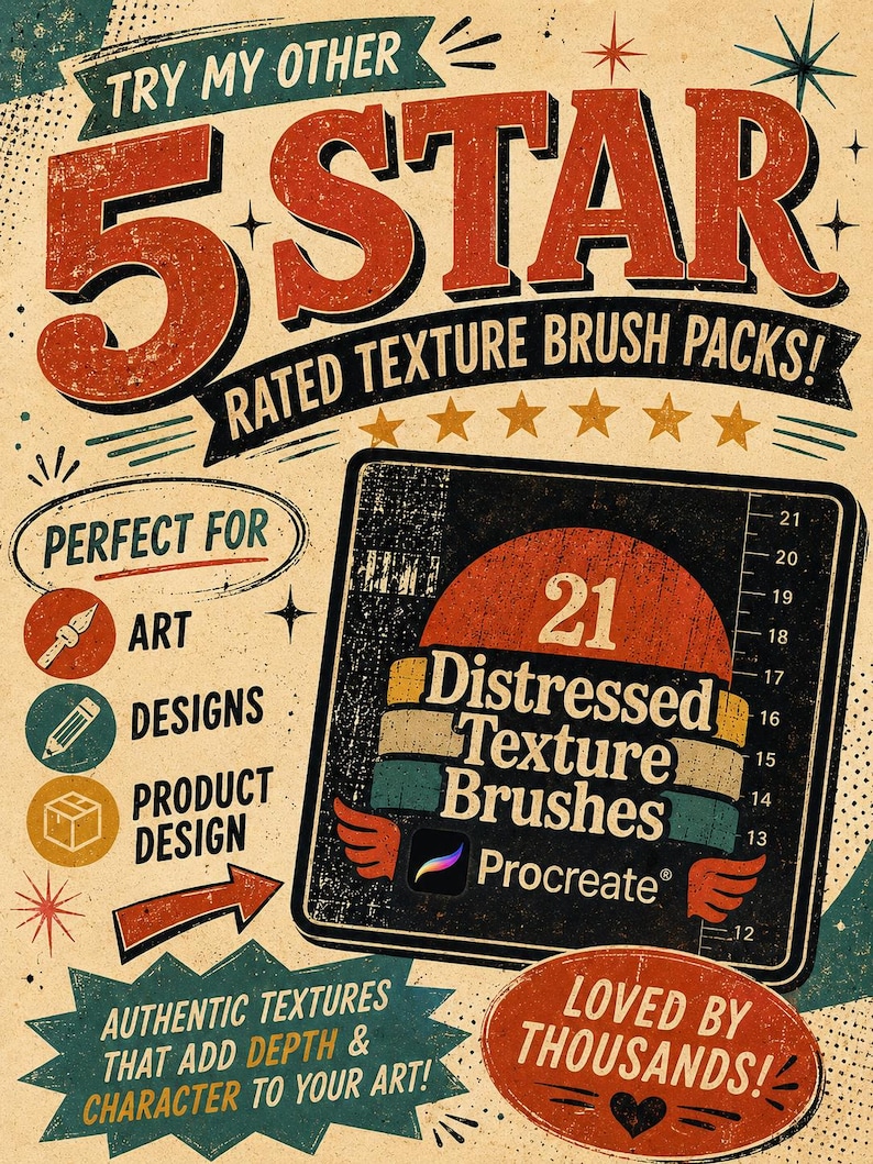 May include: A digital graphic advertisement for 21 Distressed Texture Brushes for Procreate. The design features a vintage aesthetic with red, teal, and cream colors, displaying text including Try My Other 5 Star Rated Texture Brush Packs.