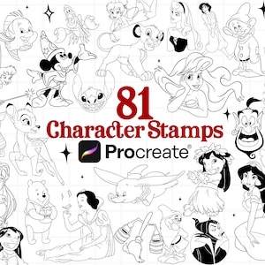Disney-personagespostzegels voor PROCREATE! Magical Line Art Style Princess, Lion King, Lilo Stitch Mickeyy Mouse (download en commercieel gebruik)