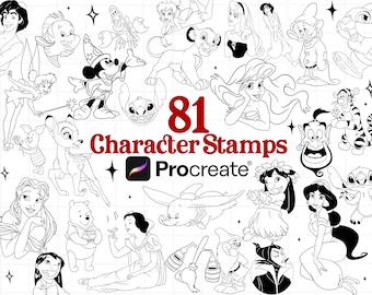 Disney Characters Stamps for PROCREATE! Magical Line Art Style Princess, Lion King, Lilo Stitch Mickeyy Mouse (Download & Commercial Use)