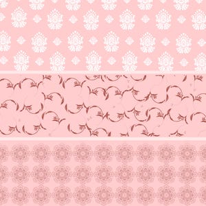 May include: A seamless pattern design with three bands. The top band has white floral motifs on a light pink background. The middle band shows brown, swirling vine patterns. The bottom band features a repeating, circular design in a darker pink.