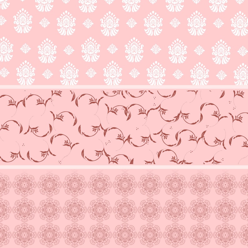 May include: A seamless pattern design with three bands. The top band has white floral motifs on a light pink background. The middle band shows brown, swirling vine patterns. The bottom band features a repeating, circular design in a darker pink.