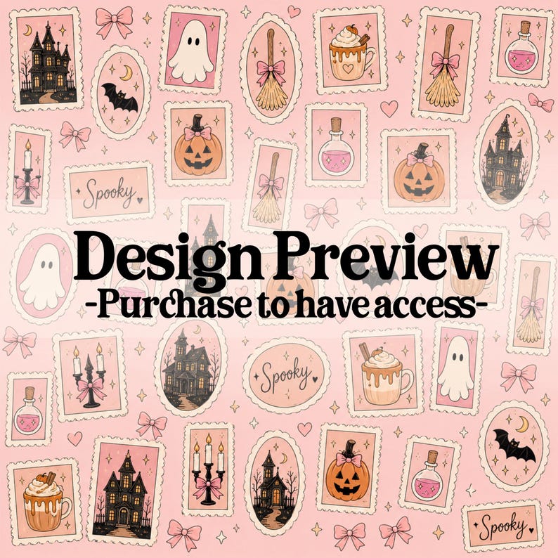 May include: A repeating pattern on a light pink background featuring illustrations of ghosts, pumpkins, haunted houses, brooms, potion bottles, and candles. The text "Design Preview -Purchase to have access-" is centered in black over the pattern.