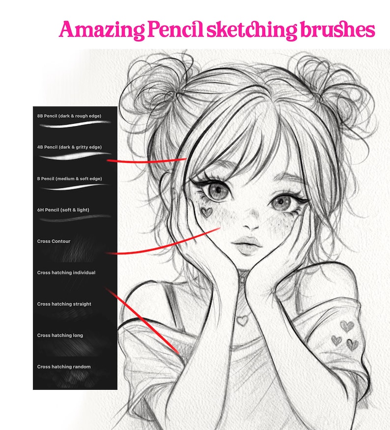 27 Sketch Pencil Brushes for Procreate! Procreate Sketching Brush Pack, Line art, Pen Marker Brushes, Character Designing Portrait Brushes image 2