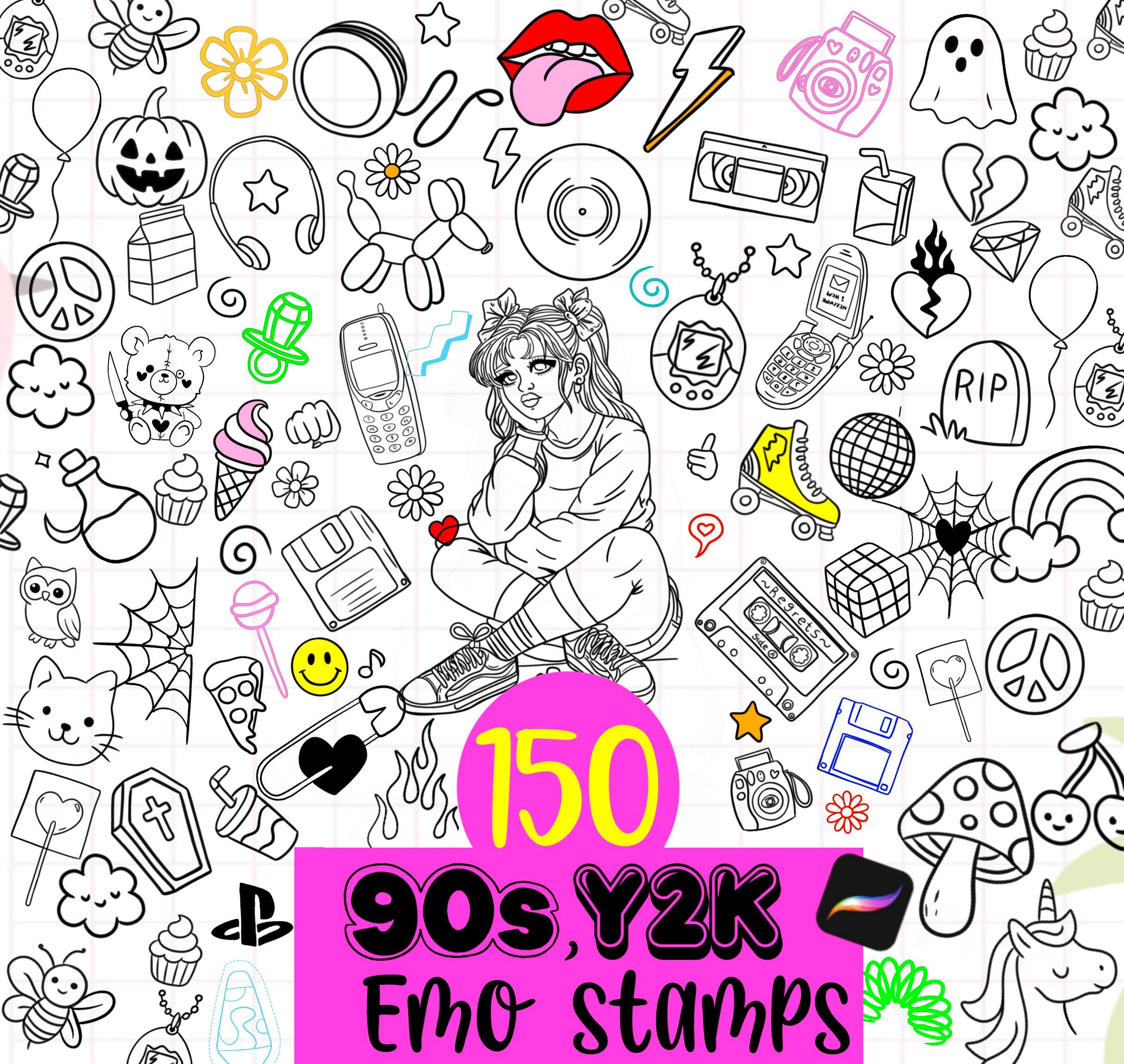 Y2K 90's Emo Nostalgic Procreate Stamp Designs! Digital Brushes, Cute ...