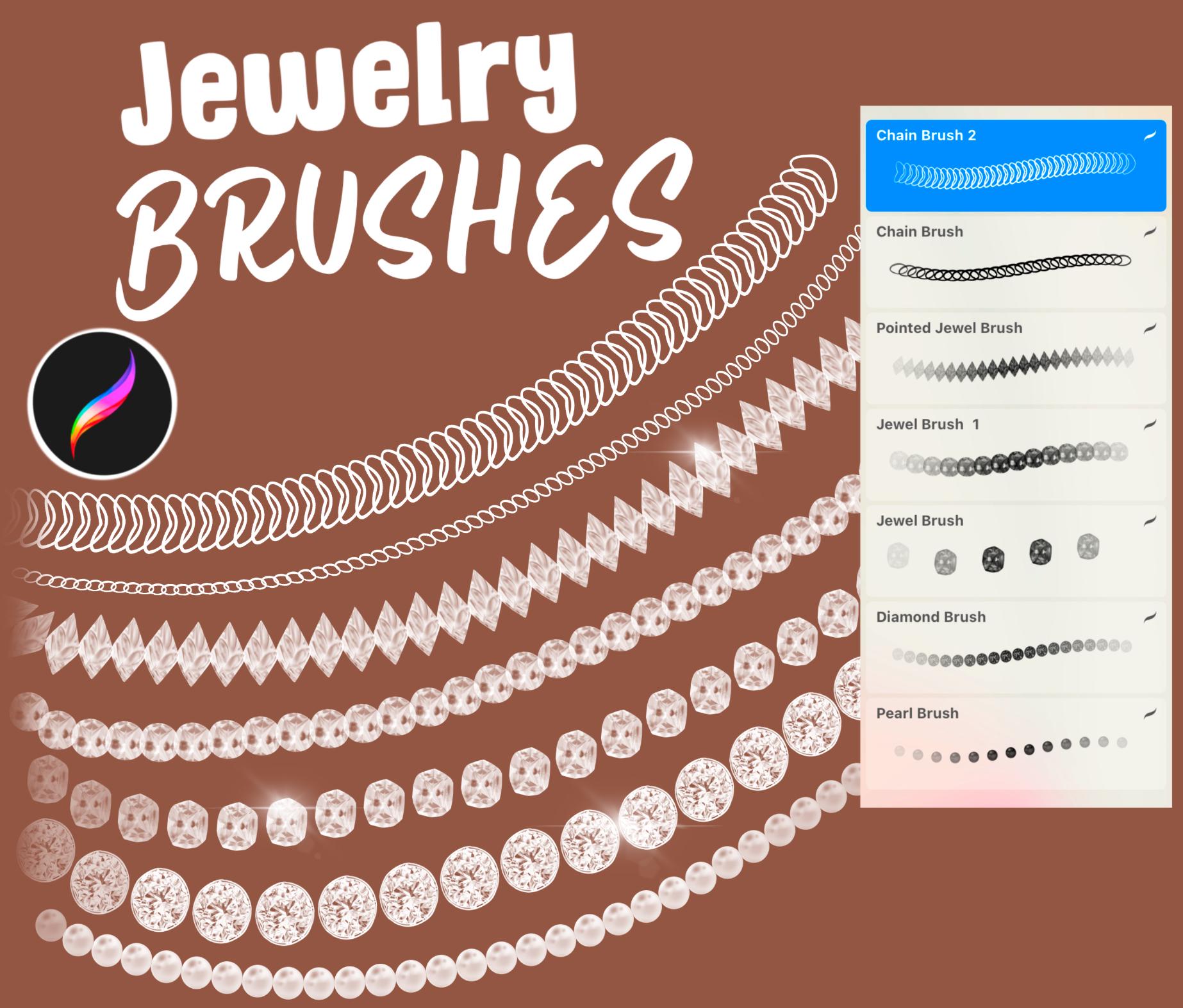 Procreate Jewelry & Diamond Brushes Pack — Pearls, Gems, Chains, Earrings, Emeralds