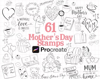 Mother's Day Stamps for PROCREATE! Mom Love, Hand Drawn Doodles for Mothers, Whimsical Hearts, Quotes, Flowers ( commercial download)