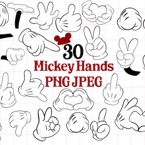Puede incluir: Una colección de 30 manos de Mickey Mouse de dibujos animados en varias poses, incluyendo pulgares arriba, signos de la paz y gestos formando un corazón. Las manos son blancas con puños negros y están sobre un fondo de cuadrícula. Texto: "30 Mickey Hands PNG JPEG".
